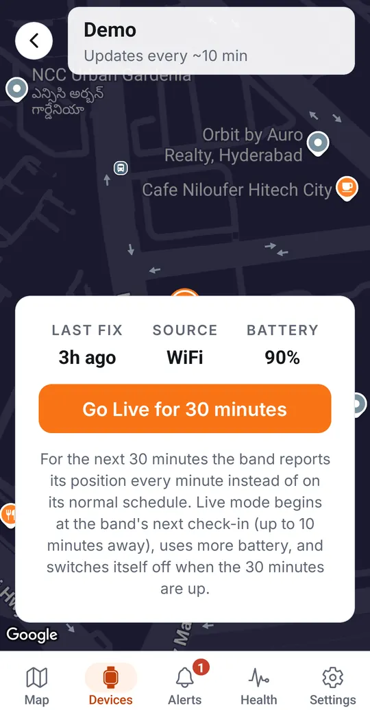 Kavach Care app, live map