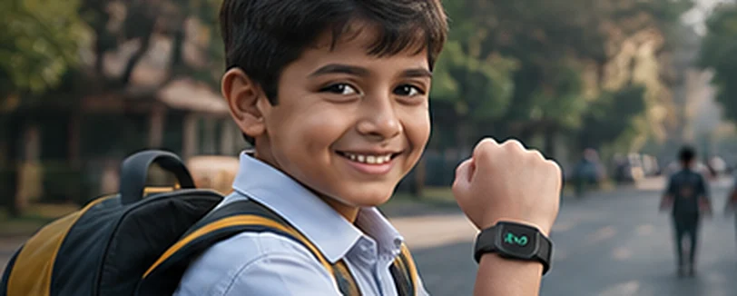 Child Safety: a smiling schoolboy wearing the Kavach band near his school bus, with live GPS tracking, geo-fencing alerts and SOS emergency features
