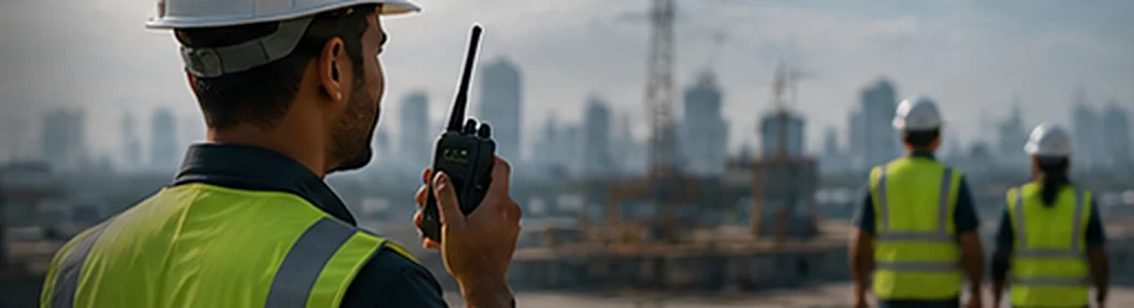 Corporate Safety: a site supervisor and crew in safety vests, with real-time tracking, SOS emergency and team management features
