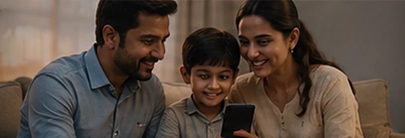 Family Safety: a family checking locations together on the Kavach app, staying connected with shared locations and instant alerts