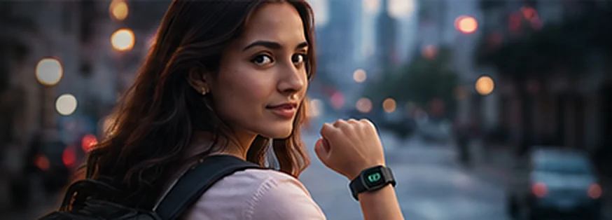 Women Safety: a young woman on a city street wearing the Kavach band, with one-touch SOS, live tracking and trusted contacts features