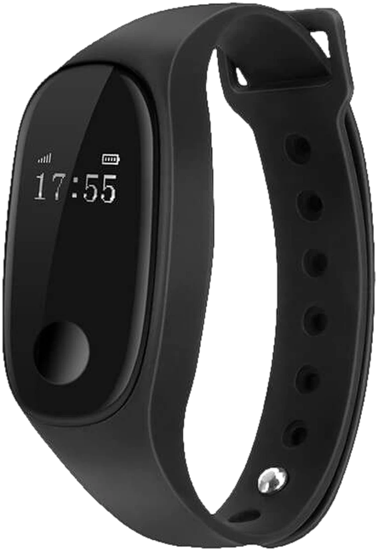 The Kavach Band: a black silicone safety wristband with a monochrome display showing the time, signal strength and battery level