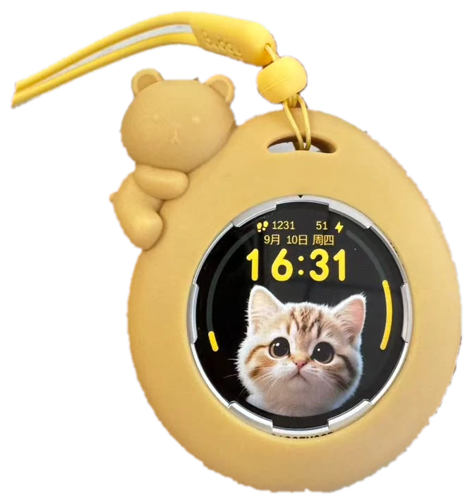 Kavach Pendant: the 4G module in a yellow silicone pendant case with a lanyard