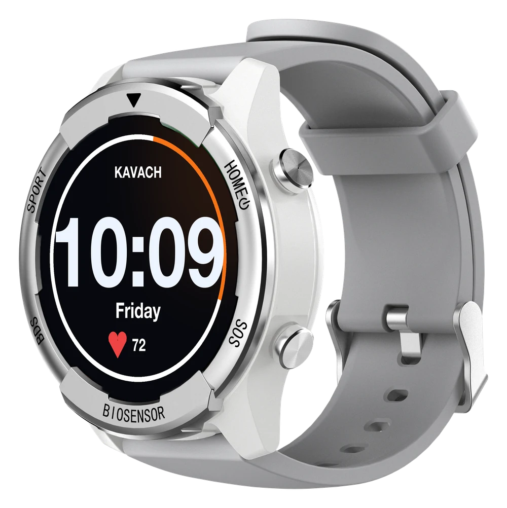 Kavach Watch: round 4G safety watch with a colour touch screen and grey silicone strap